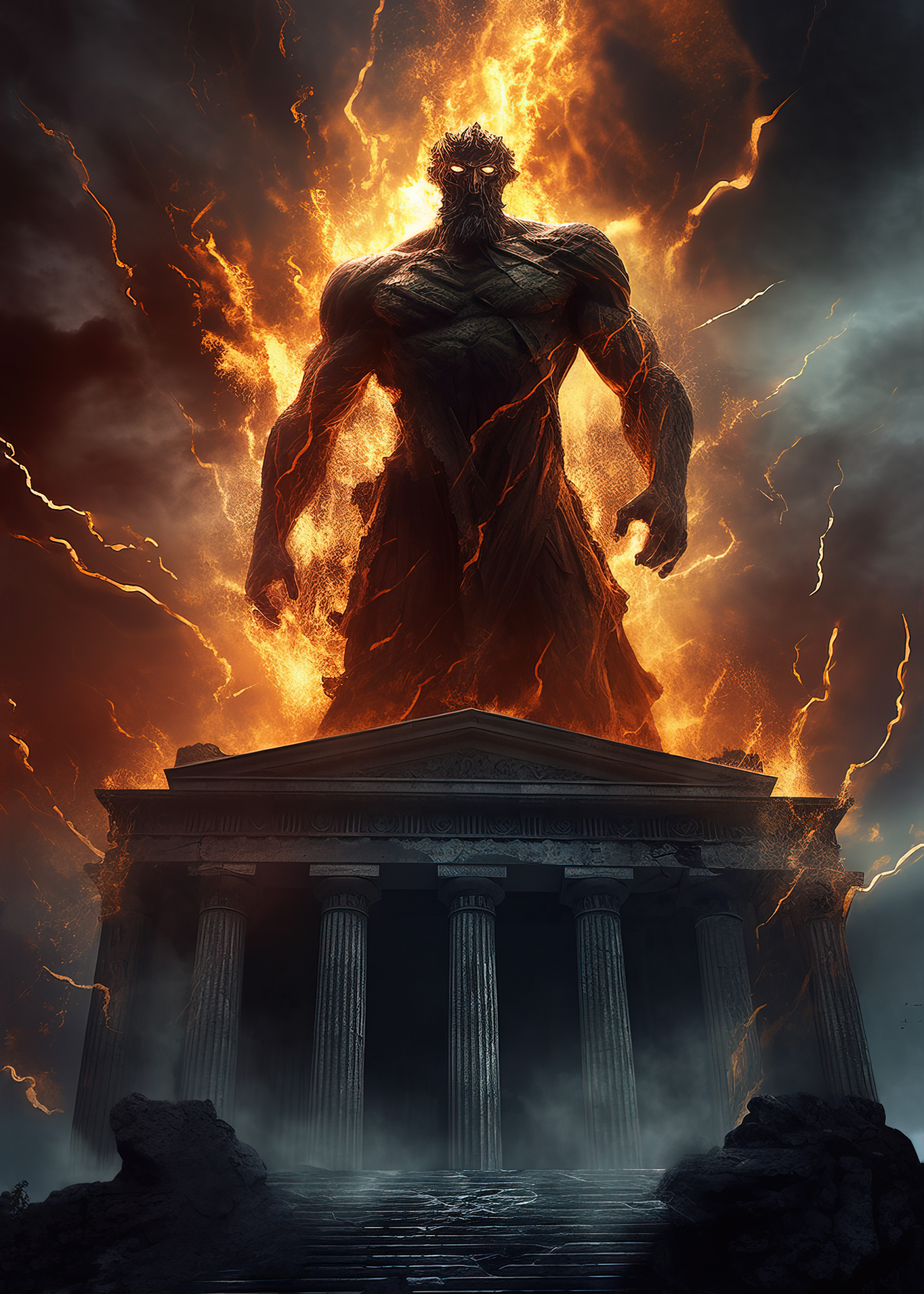 Plunge into the thrilling realm of Greek mythology with this mesmerizing digital art print featuring Hades, the god of the underworld. Engulfed in battle and surrounded by a searing fire, Hades stands dominant above the iconic Parthenon, a symbol of his defiance and power. This high-quality digital illustration masterfully captures the daunting aura of Hades in the heat of battle, while the backdrop of the Parthenon adds a touch of ancient grandeur. The vivid colors and intricate details create an intense, dynamic scene, perfect for mythology enthusiasts or those seeking to infuse their space with the aura of ancient legends.